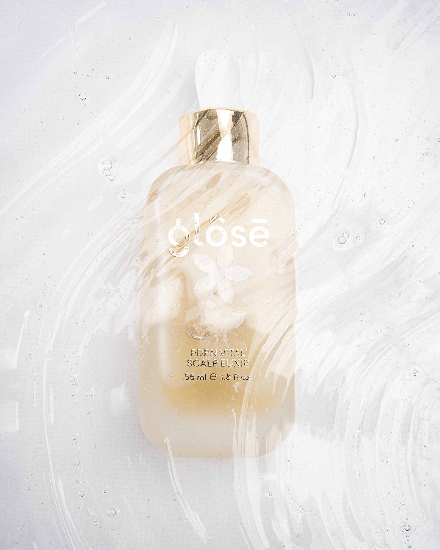 A frosted glass dropper bottle of Close Purifying Scalp Lume serum with a gold collar, set against a white background with artistic liquid swirls and water droplets.